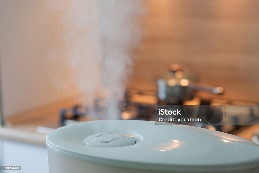 Humidifier Humidifier spreading steam into the kitchen with pan on the oven 2015 Stock Photo