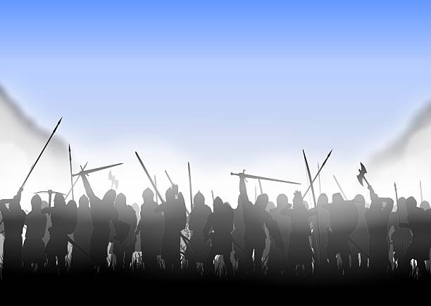 infantry in the fog foot soldiers standing in the fog on the background of the fortress battle stock pictures, royalty-free photos & images