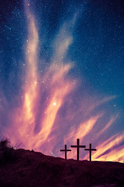 The Three crosses under the stars stock photo