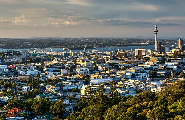 A sunsetting view from Mt Eden looking at Auckland CBD