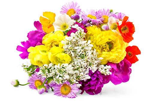 Bouquet of different flowers of white, yellow, red and pink colors isolated on white background