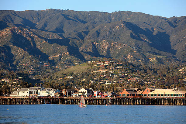 Landscape of Santa Barbara California from the water. Early evening light.   Stearns Wharf.