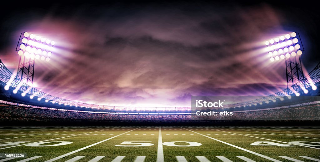 The 50-yard line close-up of American football stadium Soccer concept, stadium is modeled 3d and rendered. Soccer Ball Stock Photo