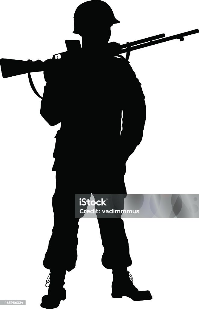 WW2 soldier. Warriors theme Second World War soldier with riffle detailed vector silhouette. EPS 8 World War II stock vector