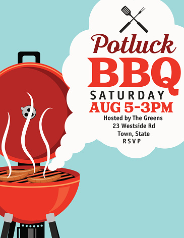 BBQ Invitation With Smoke Template. There is a blue background.  On  left is a red old- style barbecue with three hotdogs steaming on the grill with the smoke rising to the right.  Text is written in the smoke and has a bbq utensils crisscrossed above the text.