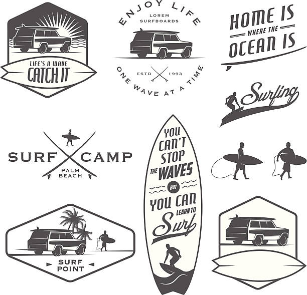 satz von vintage surfen etiketten und abzeichen - brandung stock-grafiken, -clipart, -cartoons und -symbole