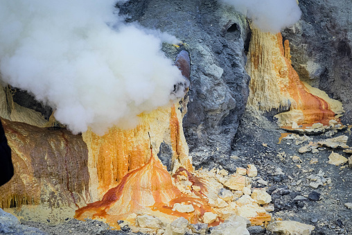 Sulphur produced by the volcano, Ijen crater, Indonesia