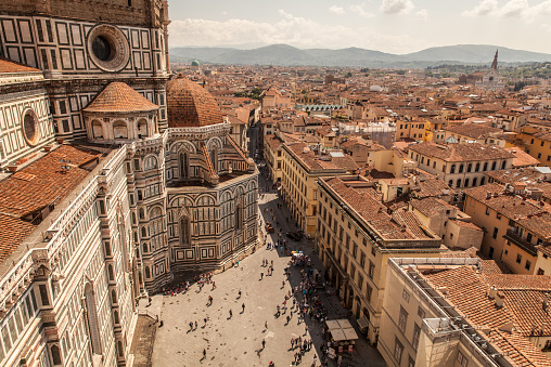 Aerial panorama of Florence, Italy. Looking down on the Basilica di Santa Maria del Fiore from Giotto's Campanile
