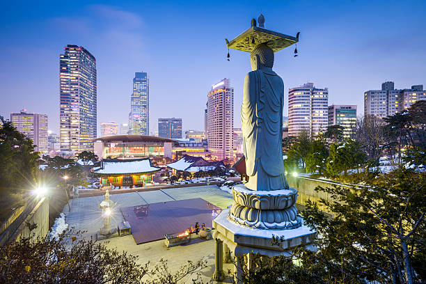 Night cityscape view of Gangnam Seoul, South Korea Bongeunsa Temple in the Gangnam District of Seoul, Korea. south korea photos stock pictures, royalty-free photos & images