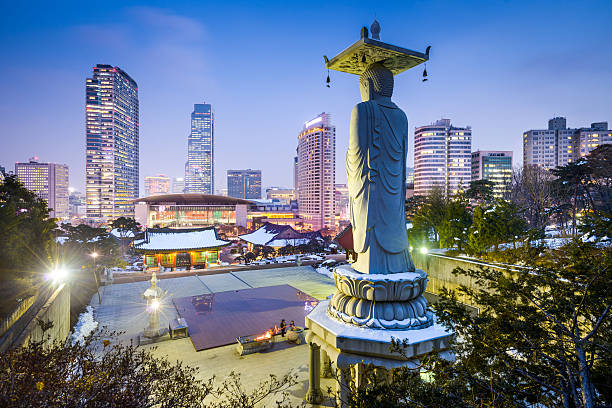 Night cityscape view of Gangnam Seoul, South Korea Bongeunsa Temple in the Gangnam District of Seoul, Korea. seoul province stock pictures, royalty-free photos & images