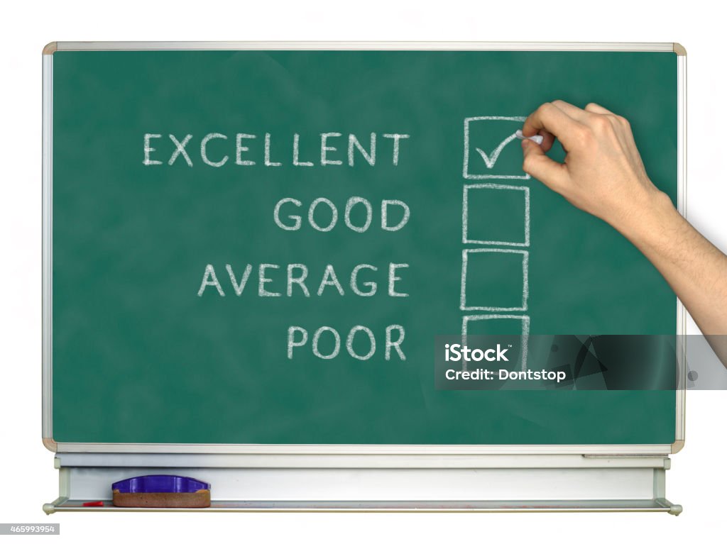 Evaluation symbol Excellent , good , average , poor , words on blackboard Balance Stock Photo