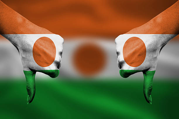 failure of Niger - hands gesturing thumbs down in front of flag