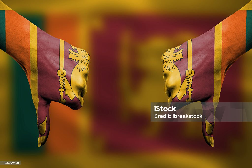 failure of Sri Lanka - hands gesturing thumbs down failure of Sri Lanka - hands gesturing thumbs down in front of flag Protest Stock Photo