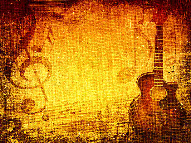 Music grunge background with music notes and guitar stock photo