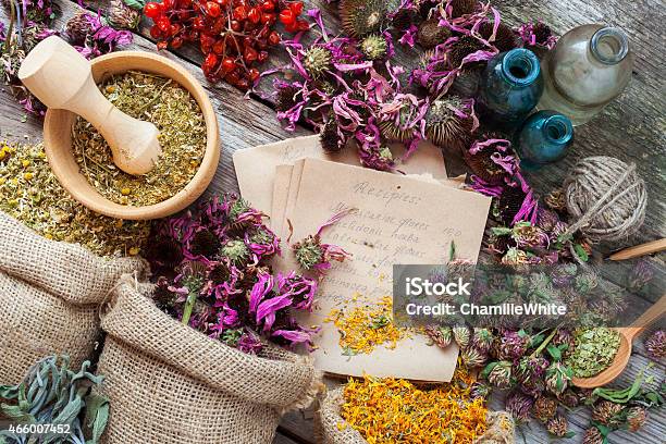 Healing Herbs In Hessian Bags Wooden Mortar And Bottles Stock Photo - Download Image Now