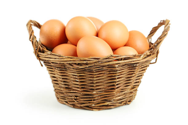 istock Chicken eggs in basket isolated on white 466012216