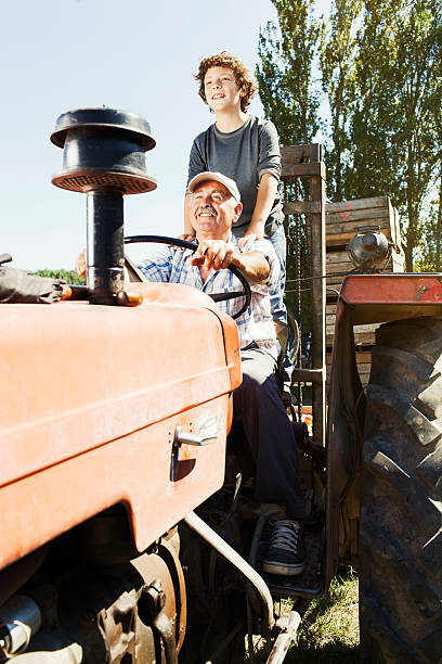 istock Apple orchard harvesting. Grandfather and grandson. 466013125
