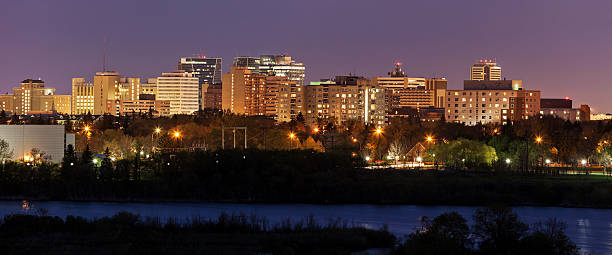 Skyline of Regina, Saskatchewan at night stock photo
