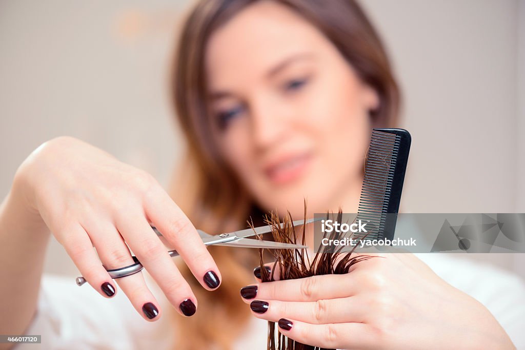 Beautiful woman in hair salon I will style you right. Selective focus image of beautiful hairdresser doing hairstyle to her client while standing on the background of a professional hairdressing salon 2015 Stock Photo