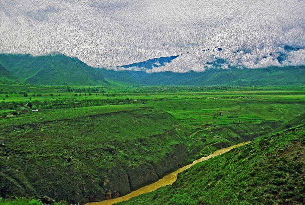 leaping tiger gorge, yunnan, china, oil paint stylization stock photo