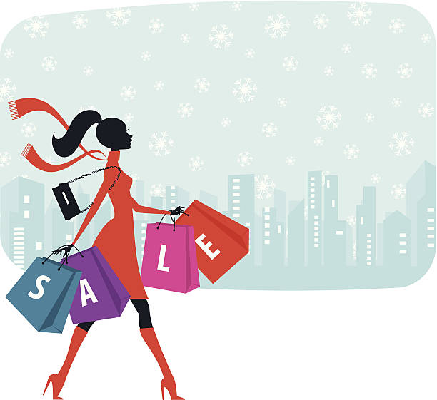 ilustraciones, imágenes clip art, dibujos animados e iconos de stock de venta de navidad - shopping christmas women retail