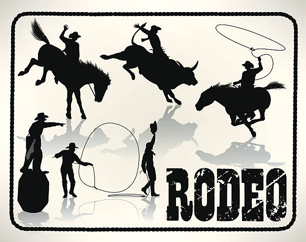 illustrazioni stock, clip art, cartoni animati e icone di tendenza di rodeo di cowboy, lazo, cowboy clown - rodeo bull bull riding cowboy