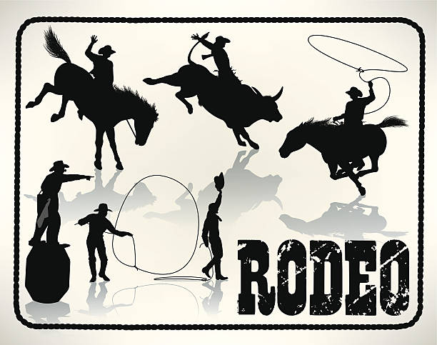 ilustrações, clipart, desenhos animados e ícones de rodeio-touro rider, laço, cowboy palhaço - rodeo cowboy horse silhouette