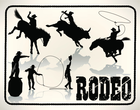 Rodeo - Bull Rider, Lasso, Cowboy, Clown. Graphic silhouette illustrations of a bull rider for the rodeo. Check out my 