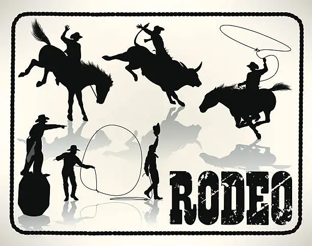 Vector illustration of Rodeo - Bull Rider, Lasso, Cowboy Clown