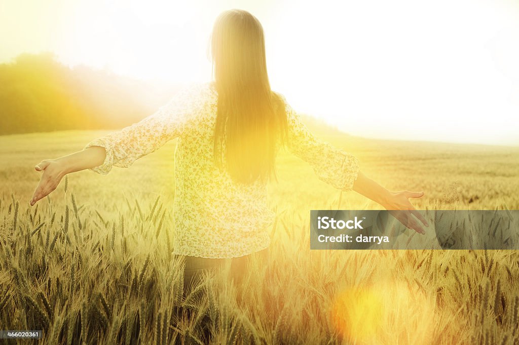 Young woman standing on the field Young woman standing on the field in sunlight with her arms outstretched Adult Stock Photo