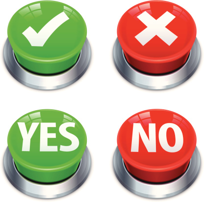 Yes, no, tick, cross push button illustration. Layered and grouped. Download includes EPS 10 and hi-res jpeg files.