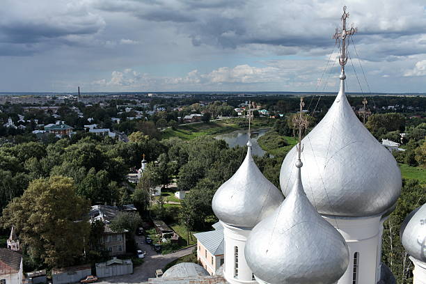 View of the Vologda Kremlin. St. Sophia Cathedral, bell tower and Resurrection Cathedral on a clear summer day. Historical landmark of the city of Vologda.