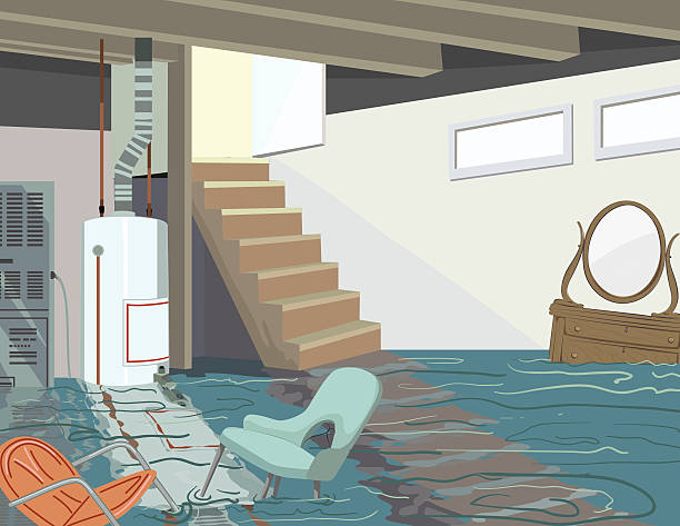 Flooded Basement With Hot Water Tank And Floating Furniture Flooded Basement disaster. Furniture floats on top of the water, There is a furnace and hot water tank in the back and stairs leading to an upper level. The door at the top of the stairs is open. flooded home stock illustrations