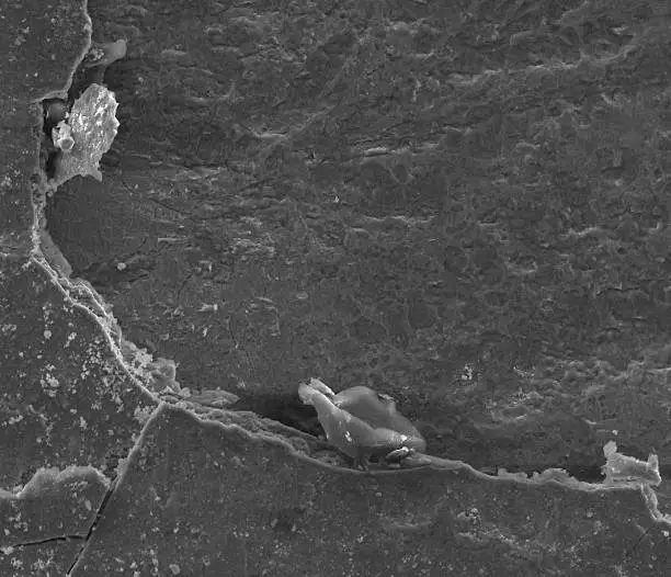 Laboratory test of cracks in a worn out metal sample seen with a scanning electron microscope