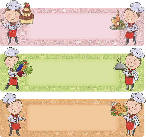 Little chef with food and meals vector art illustration