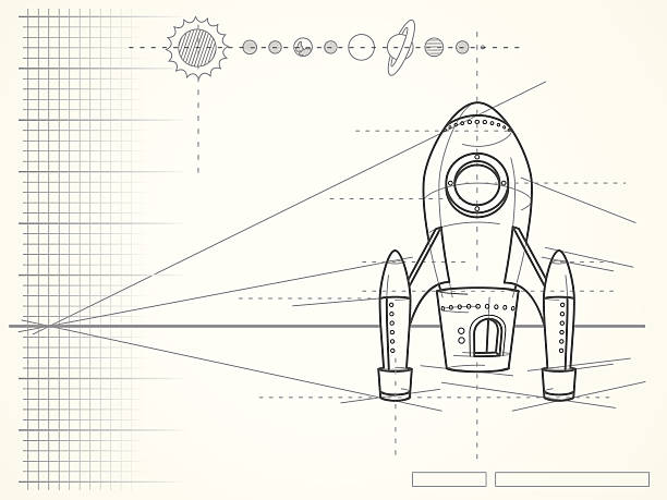 blueprint with spaceship scheme and planets vector art illustration