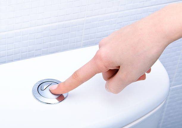 istock Woman's finger pushing button to flush toilet 466036203