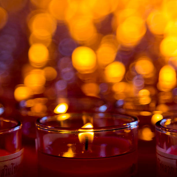 istock Church candles in red transparent chandeliers 466036617