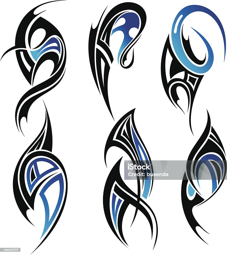 Six illustrations of different black and blue tribal tattoos Set of tattoo  Abstract stock vector