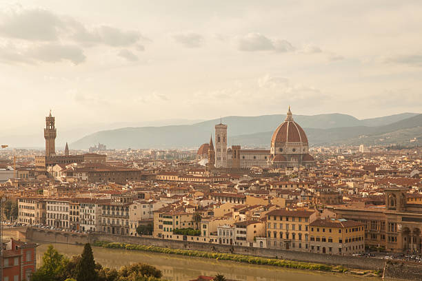 Aerial panorama of Florence Duomo dome and rooftops. Tuscany Italy stock photo