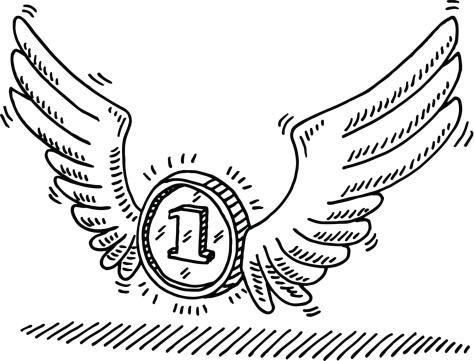 Hand-drawn vector drawing of a flying Coin with Wings, Success Concept image. Black-and-White sketch on a transparent background (.eps-file). Included files are EPS (v10) and Hi-Res JPG.