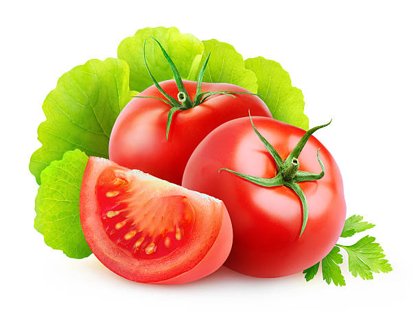 istock Fresh tomatoes and lettuce leaves isolated on white 466041678
