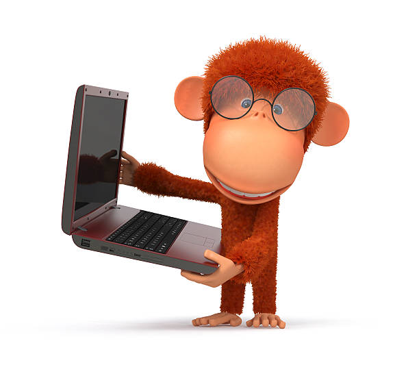 la scimmia rossa con il portatile - primacy foto e immagini stock