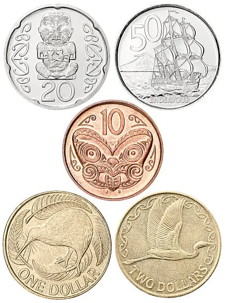 Complete set of New Zealand coins, isolated on white with clipping path.