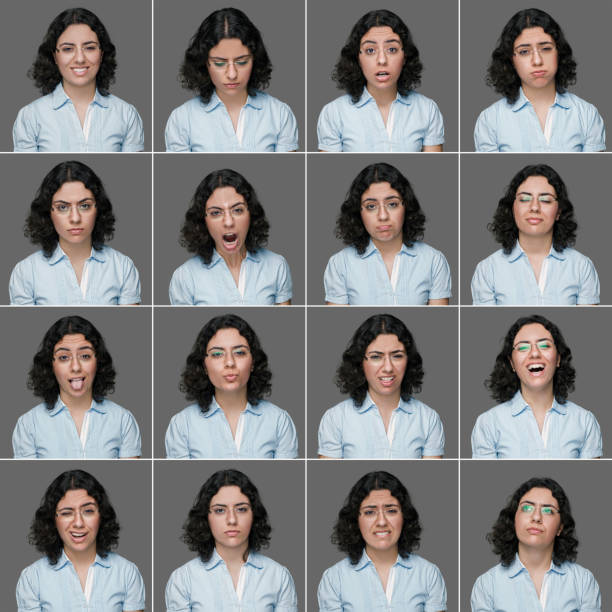 若い女性のためのフェイシャルエクスプレッションズ - facial expression women sadness multiple image ストックフォトと画像