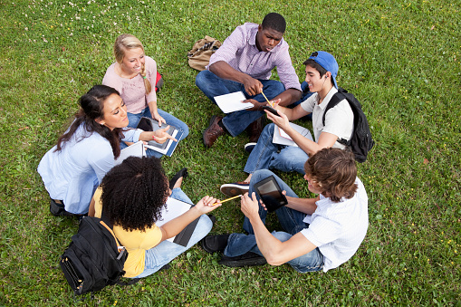 Multi-ethnic friends (17-18 years) sitting on grass, studying together.