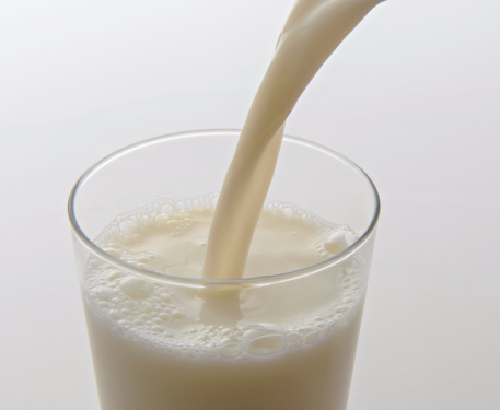 Pouring milk into glass on white