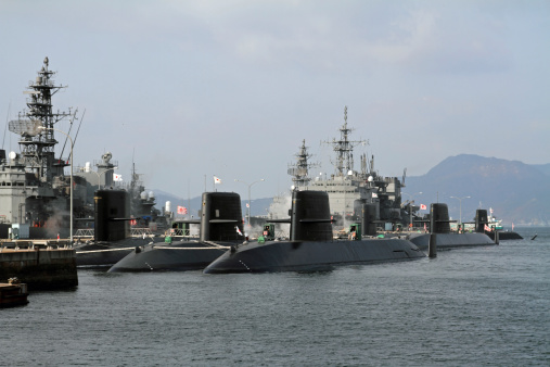 Yokosuka, Japan - May 25, 2023 : JS Uraga (MST-463) at the Japan Maritime Self-Defense Force's base in Yokosuka, Kanagawa Prefecture, Japan.