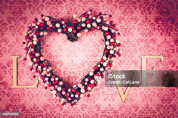 Heart Wreath On Pink Background Stock Photo - Download Image Now - Heart Shape, Wreath, Arrangement