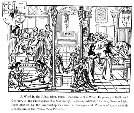 Hospital Ward in the Hotel-Dieu, Paris. Wood engraving of the 16th Century